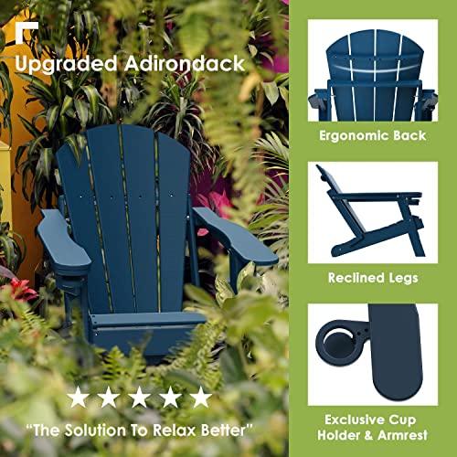 GREENVINES Folding-Adirondack-Chair-Set-of-4, HDPE All Weather Fire Pit Chairs with Cup Holder, Plastic Campfire Chair for Deck Backyard Patio Outdoor Poolside Porch Lawn Outside, Blue - CookCave