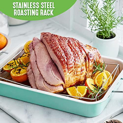 GreenLife Soft Grip Healthy Ceramic Nonstick, 16.5" x 12" Roasting Pan with Stainless Steel Roaster Rack, PFAS-Free, Dishwasher Safe, Turquoise - CookCave