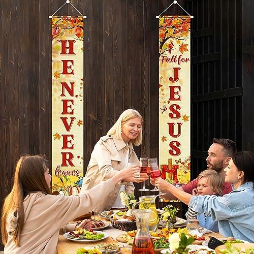 YE Fall for Jesus Porch Sign Banner Decoration- Fall for Jesus He Never Leaves Hanging Door Banner for Indoor Outdoor Autumn Christian Religion Decoration Thanksgiving Supplies, 70.8x11.8inch - CookCave