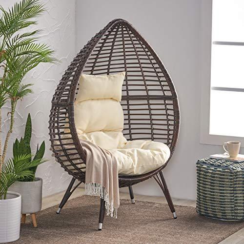 Christopher Knight Home Emerald Outdoor Teardrop Wicker Lounge Chair with Water Resistant Cushion, Brown, Beige - CookCave