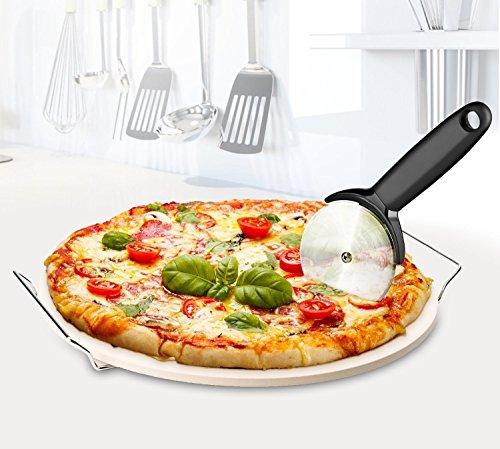 Chef's Star 15 Inch Ceramic Pizza Stone for Oven, Outdoor and Indoor Chrome Plated Serving Rack Pizza Pan with Pizza Cutter - CookCave