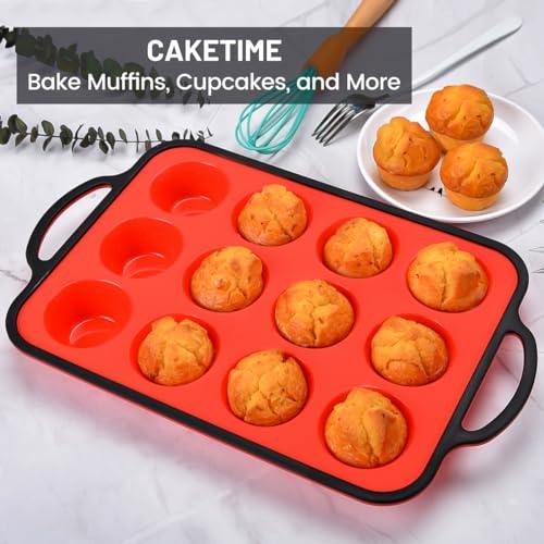 CAKETIME Small Muffin Pan, Silicone Cupcake Pan Metal Reinforced Frame Easy to Handle 12 Cups Nonstick - CookCave