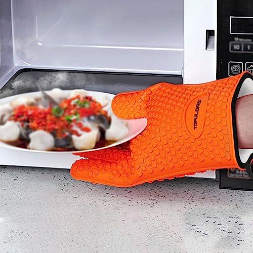 Silicone Gloves Oven Mitts Heat Resistant BBQ Smoker Grill Gloves Handle Hot Food Pulled Pork Gloves for Cooking Baking Grilling Barbecue Potholder Five Finger Gloves with Inner Cotton Layer - Orange - CookCave