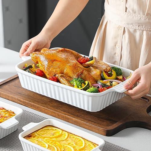MALACASA Casserole Dishes for Oven, Porcelain Baking Dishes, Ceramic Bakeware Sets of 4, Rectangular Lasagna Pans Deep with Handles for Baking Cake Kitchen, White (9.4"/11.1"/12.2"/14.7"), Series - CookCave