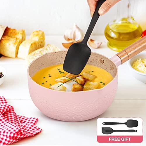 2.1 Quart Saucepan Set with Lid, Nonstick Aluminum Sauce Pot, Induction Compatible Small Cooking Pots with Silicone Spatulas for Milk, Soup, Pasta, Egg, Rice (PINK) - CookCave