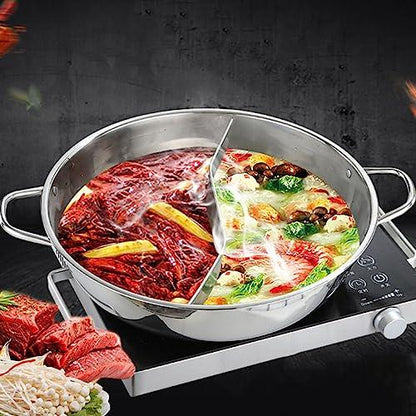 Ciieeo Hot Pot with Divider Stainless Steel Shabu Shabu Pot Chinese Induction Hot Plate Cookware Ramen Cooker Two-flavor Soup Pot Kitchen Dual Sided Stock Pot Silver 28cm - CookCave