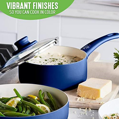 GreenLife Soft Grip Healthy Ceramic Nonstick, 1QT and 2QT Saucepan Pot Set with Lids, PFAS-Free, Dishwasher Safe, Blue - CookCave