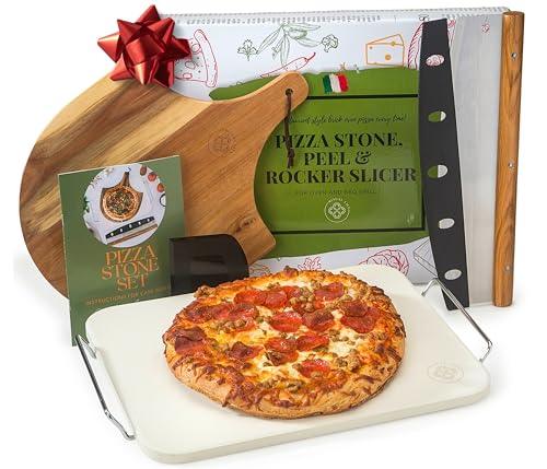 Ritual Life Pizza Stone for Oven and Grill with Wooden Pizza Peel Paddle & Pizza Cutter Set - Detachable Serving Handles - BBQ Grilling Accessories - Baking Stone - 15 inch Large Pizza Stones - CookCave