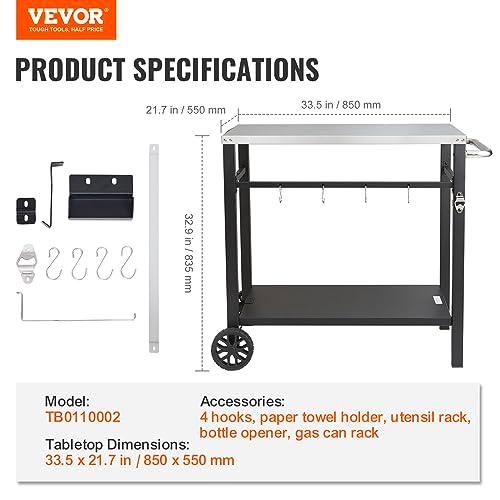 VEVOR Outdoor Grill Dining Cart with Double-Shelf, BBQ Movable Food Prep Table, Multifunctional Stainless Steel Table Top, Portable Modular Carts for Pizza Oven, Worktable with 2 Wheels, Carry Handle - CookCave