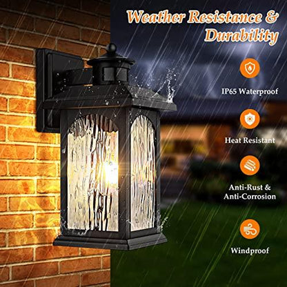 2 Packs Motion Sensor Outdoor Wall Lantern, Dusk to Dawn Outdoor Lighting, Black Porch Lights Fixture & Outside Wall Mount with Rippled Glass, Exterior Sconce Light for Front Patio Garage Entryway - CookCave