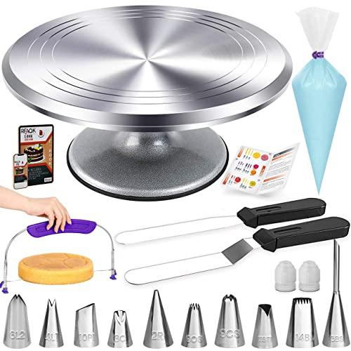 RFAQK 50PCs Cake Turntable Set -12" Aluminum Revolving Stand- Professional Cake Leveler / Decorating Supplies Kit with Straight & Offset Spatula-Numbered Icing Tips & Bags - CookCave