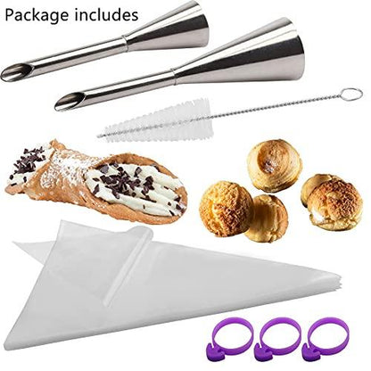2Pcs Cream Icing Piping Nozzle Tip Stainless Steel,Long Puff Nozzle Tip with 50Pcs Disposable Pastry Piping Bags Cupcake and Puff Filling Kit Decorating Tool Supplies - CookCave