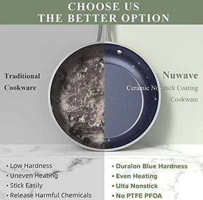 Nuwave Healthy Duralon Blue Ceramic Nonstick Cookware Set, Diamond Infused Scratch-Resistant, PFAS Free, Dishwasher & Oven Safe, Induction Ready & Evenly Heats, Tempered Glass Lids & Stay-Cool Handles - CookCave