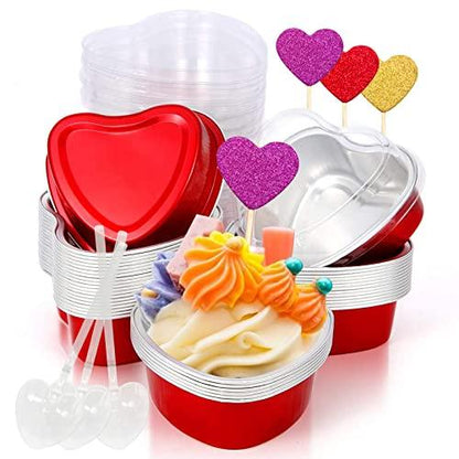 Heart Shaped Cake Pans Valentine Aluminum Mini Cake Pans with Lids for Baking 30 Packs 3.4 Ounces Disposable Cupcake Cup Pan Baking Pans for Valentine Mother's Day Wedding Birthday Baking Supplies - CookCave