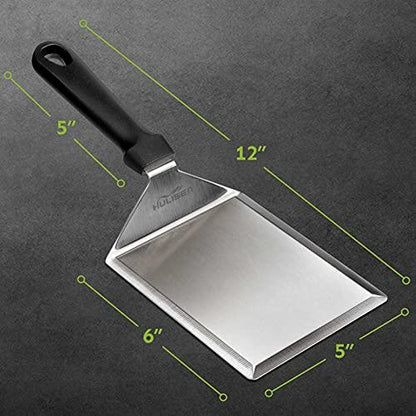 HULISEN Stainless Steel Large Grill Spatula - 6 x 5 Inch Heavy-Duty Metal Spatula with Cutting Edges, Kitchen Griddle Accessories, Smashed Burger Turner Scraper for BBQ Grill and Flat Top Griddle - CookCave
