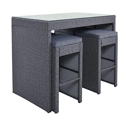 BIADNBZ 5-Piece Outdoor Patio Dining Bar Table Sets with Counter Height Glass Tabletop, 4 Stools and Cushions, Wicker Furniture Conversation Suit for Garden Backyard, Grey - CookCave