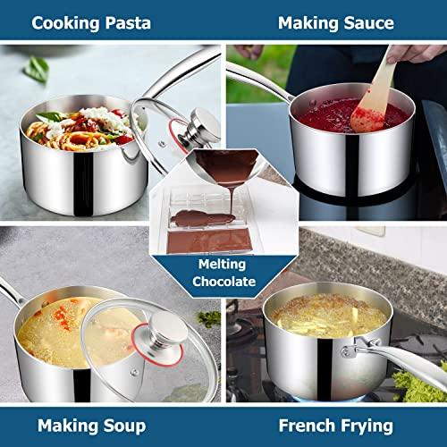 Homikit 1 Quart Saucepan with Lid, Tri-Ply Stainless Steel Sauce Pan, 1qt Small Induction Cooking Pot with Ergonomic Handle, Small Pan for Making Sauce, Warming Milk, Boiling Eggs, Dishwasher Safe - CookCave