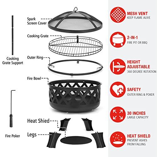 SINGLYFIRE 30 Inch Fire Pits for Outside with Grill Outdoor Wood Burning Firepit Large Steel Firepit Bowl for Patio Backyard Picnic Garden with Swivel BBQ Grill, Ash Plate,Spark Screen, Poker - CookCave