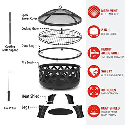 SINGLYFIRE 30 Inch Fire Pits for Outside with Grill Outdoor Wood Burning Firepit Large Steel Firepit Bowl for Patio Backyard Picnic Garden with Swivel BBQ Grill, Ash Plate,Spark Screen, Poker - CookCave