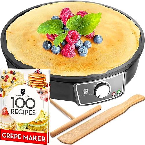 Crepe Maker Machine (Easy to Use), Pancake Griddle – Nonstick 12” Electric Griddle – Pancake Maker, Batter Spreader, Wooden Spatula – Crepe Pan for Crepes Roti, Tortilla, Blintzes – Portable, Compact - CookCave