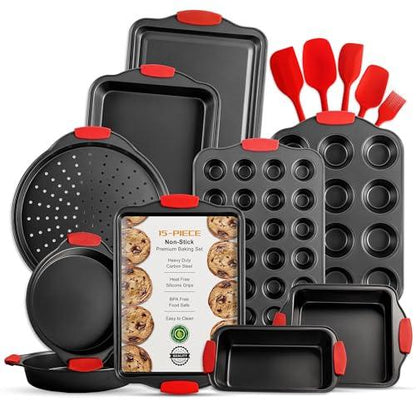 Baking Pans Set, 15 Piece Premium Baking Set, Nonstick Bakeware Sets BPA Free, Cookie Sheets for Baking Nonstick Set, Steel Baking Sheets for Oven with Muffin Pan, Cake Pan & Kitchen Utensils - Black - CookCave