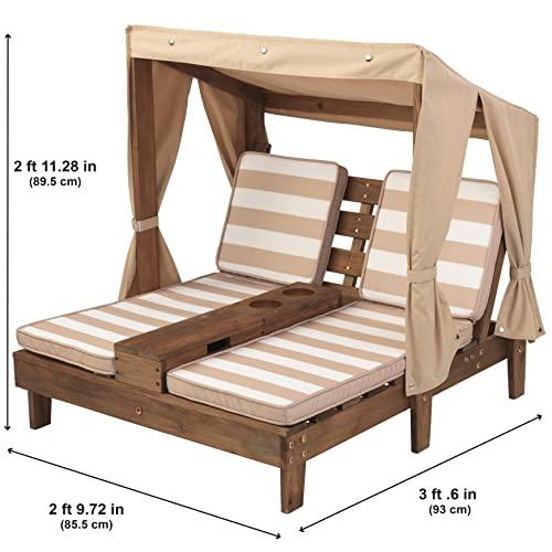 KidKraft Wooden Outdoor Double Chaise Lounge with Cup Holders, Patio Furniture for Kids or Pets, Espresso with Oatmeal and White Striped Fabric - CookCave