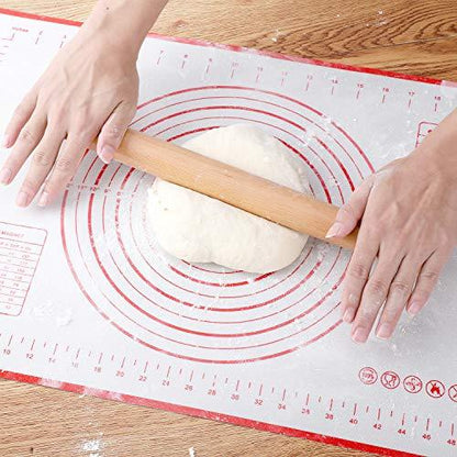 Wood French Rolling Pin for Baking, QUELLANCE Wooden Dough Roller with Silicone Baking Mat, Beech Wood Rolling Pins for Baking Dough, Pizza, Pie, Pastries, Pasta and Cookies,Red Pastry Mat - CookCave