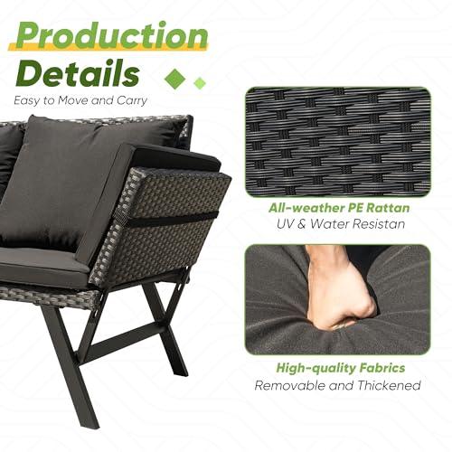 Greesum Outdoor Sofa, Woven Rattan Patio Furniture, Convertible Daybed or Double Chair with Adjustable Armrests, Cushions and Pillows for Yard, Porch, Pool, Black Lounger & Black Pillowcase - CookCave