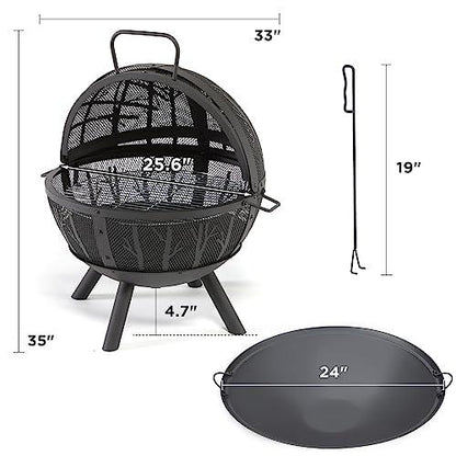 Fissfire 35 Inch Fire Pit Sphere, Outdoor Wood Burning Flaming Ball FirePit with Pivot Spark Screen, Backyard Patio Camping Beach Bonfire Pit - CookCave