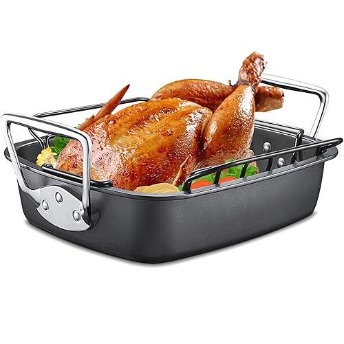 HONGBAKE Nonstick Turkey Roasting Pan with Rack, 17 x 13 Inch Large Chicken Roaster Pan for Oven, Suitable for 25lb Turkey, Heavy Duty, Dark Grey - CookCave