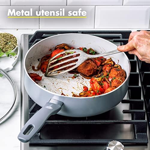 GreenPan Dover Healthy Ceramic Nonstick, 3QT Saute Pan Jumbo Cooker with Lid, PFAS-Free, Dishwasher Safe, Comfort Grip Handle, Grey - CookCave