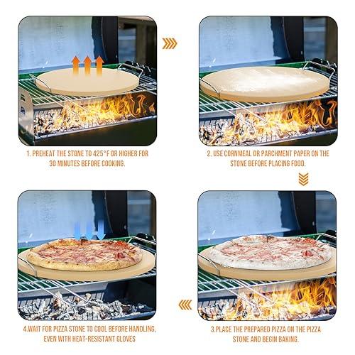 Round Pizza Stone for Grill 16 inch with Handles - Heavy Duty Cordierite Pizza Stone for Oven - Caprihom 0.67" Thickness Thermal Shock Resistant Baking Stone, Includes Metal Rack & Scraper - CookCave