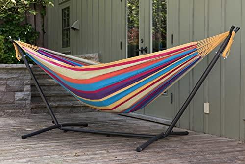 Vivere Double Cotton Hammock with Space Saving Steel Stand, Tropical (450 lb Capacity - Premium Carry Bag Included) - CookCave