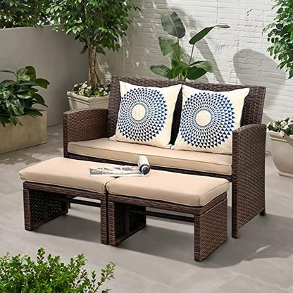 OC Orange-Casual Outdoor Loveseat 3 Piece Patio Furniture Set Outdoor Conversation Set All-Weather Wicker Love Seat with Ottoman/Side Table, Brown Rattan, Beige Cushion - CookCave