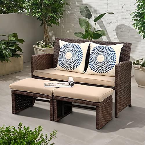 OC Orange-Casual Outdoor Loveseat 3 Piece Patio Furniture Set Outdoor Conversation Set All-Weather Wicker Love Seat with Ottoman/Side Table, Brown Rattan, Beige Cushion - CookCave