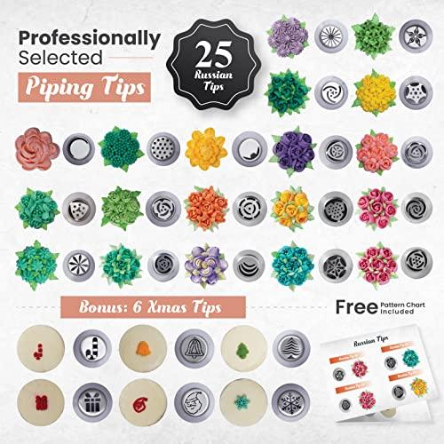 RFAQK 150PCs Russian Piping Tips Complete Set - Cookie,Cupcake Decorating Supplies Kit -Cake Piping Tips Set(24 Icing Tips+25 Russian+7 Ruffle+Leaf&Ball+41 Pastry Bags+EBook) - CookCave