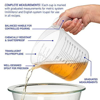 Terbold 3pc Measuring Cup Set in Clear Plastic with Long Handles - 1 Cup, 2 Cup, 1 Quart Sizes - CookCave