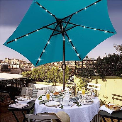 Blissun 7.5 ft Solar Umbrella 18 LED Lighted Patio Umbrella Table Market Umbrella with Tilt and Crank Outdoor Umbrella for Garden, Deck, Backyard, Pool and Beach (Cerulean) - CookCave