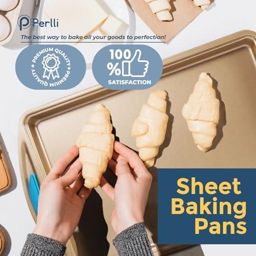 Perlli Cookie Sheet Baking Pan 2 Piece Set, Gold Nonstick Trays with Blue Silicone Hand Grips Oven Bakeware Pans Set, Premium Quality Carbon Steel Baking Tray Sheets - CookCave