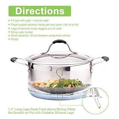 Stainless Steel Steamer Basket, Vegetable Steamer Basket for Instant Pot, Insert for Veggie/Seafood Cooking/Boiled Eggs with Safety Tool - Adjustable Sizes to fit Various Pots (5.1" to 9.5") - CookCave