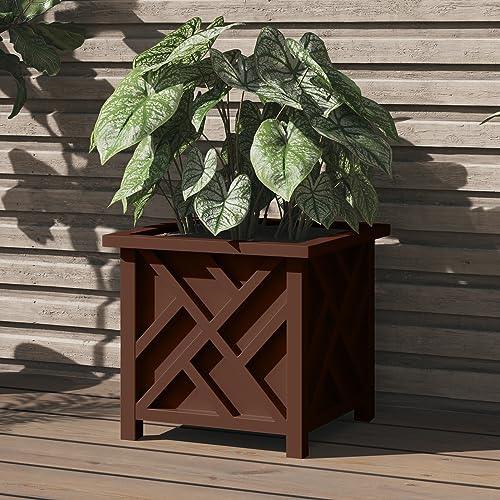 Pure Garden Lattice Design Planter Box - 15.5-Inch-Square Decorative Outdoor Flower or Plant Pot - Front Porch, Patio, and Garden Decor (Brown) - CookCave