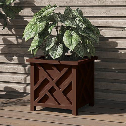 Pure Garden Lattice Design Planter Box - 15.5-Inch-Square Decorative Outdoor Flower or Plant Pot - Front Porch, Patio, and Garden Decor (Brown) - CookCave