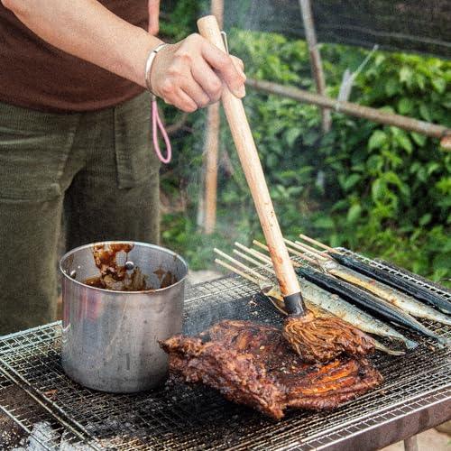 BBQ Sauce Pot and Basting Brush Set, 61oz Stainless Steel Sauce Pan & Basting Mop Brush, Gifts for Griller & Barbecue Cooking Accessories, with 2Pcs Wooden Long Handle Sauce Mops and 2Pcs Replacements - CookCave