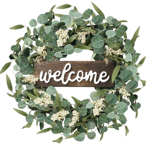 Sggvecsy Green Artificial Eucalyptus Wreath with Welcome Sign 20in Spring Summer Wreath with White Berries for Front Door Wall Window Festival Farmhouse Porch Patio Garden Decor - CookCave