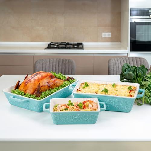 Okllen Set of 3 Casserole Dishes for Oven, Ceramic Baking Dishes with Handles, Rectangular Lasagna Pan Bakeware Set for Baking Cooking, Roasting, Broiling, Gratin, Wedding & Housewarming Gift, Blue - CookCave