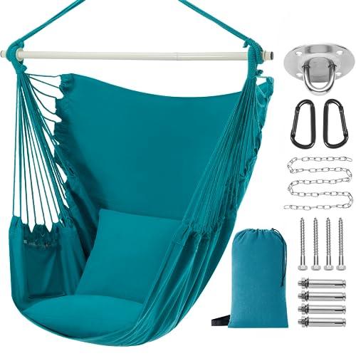 PNAEUT Hammock Chair XXL Size, Hanging Chair, Swing Chair, Max 550 Lbs, Patented Headrest, 2 Cushions, Large Size with Pocket, Steel Spreader Bar, Hardware Kits and Bag for Indoor Outdoor (Aqua) - CookCave