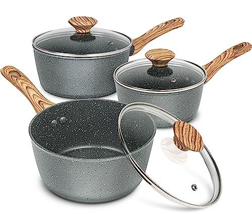 MICHELANGELO Sauce Pan with Lid, Nonstick Saucepans 1.5QT&2QT&3QT, Granite Sauce Pan 3 Piece, Stone Saucepan Set, Small Pot with Lid, Nonstick Sauce Pot Set, Gray - CookCave