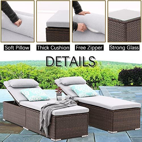 iArtHand 3 Pcs Patio Chaise Lounge with Coffee Table Cushion&Pillow Outdoor Lounge Chair Chaise Lounger Patio Reclining Chair, 5 Angle Adjustment, PE Rattan for Courtyards Poolside Garden (Coffee) - CookCave