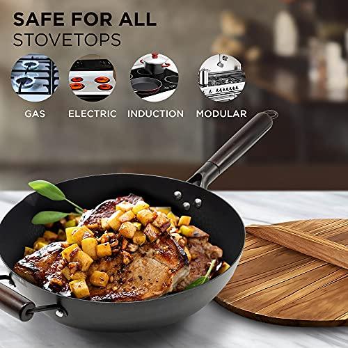 HOME EC Carbon Steel Wok Pan With Lid, Stir Fry Wok Set, Steel Spatula, and Cleaning Brush - Non-Stick Big 12.75in Flat Bottom Chinese woks & stir-fry pans - CookCave