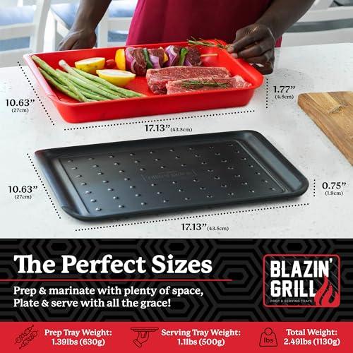 Blazin' Grill Prep & Serving Trays | Set of 2 Stackable, Melamine Trays | Serving Tray & Marinating Tray | Serving Platter for Plating Food & BBQ Prep Tub for Marinating Meats | Grill Accessories | - CookCave